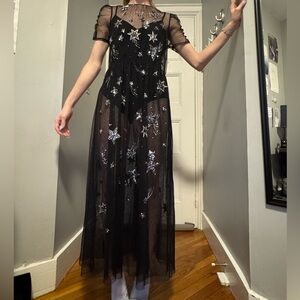 Black shooting star sequin Express shear dress with bodysuit